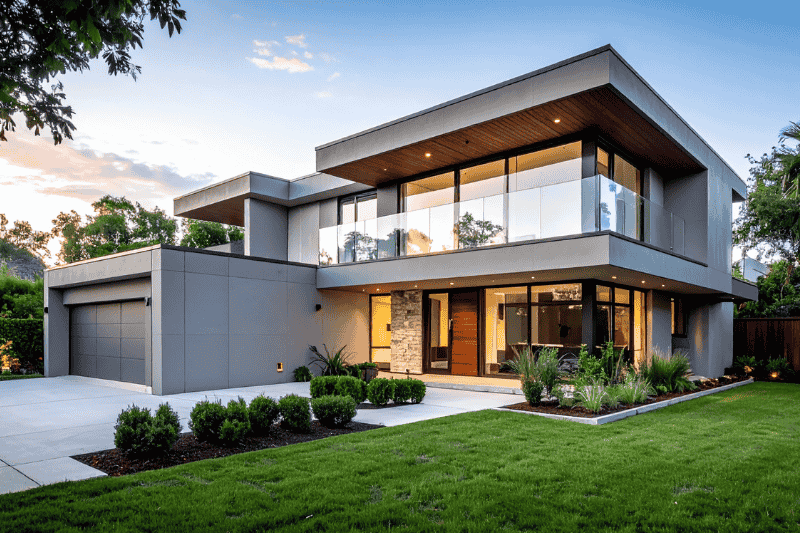 residencia en color gris, moderna con ventanales externos y amplio jardin